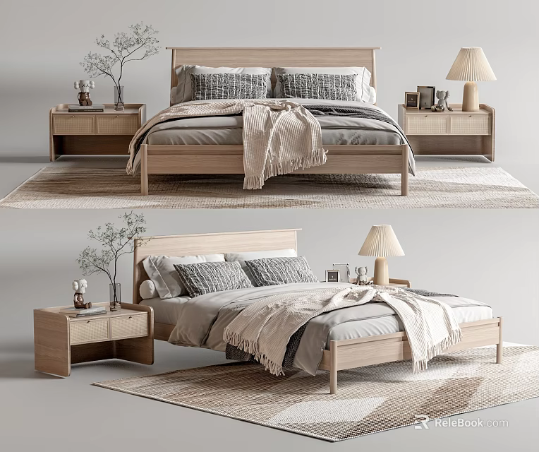 Modern Wooden Double Bed Interior With Nightstands Lamp And Soft Blanket 3d model 