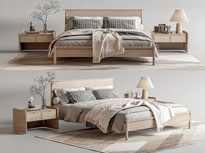 Modern Wooden Double Bed Interior With Nightstands Lamp And Soft Blanket 3d model