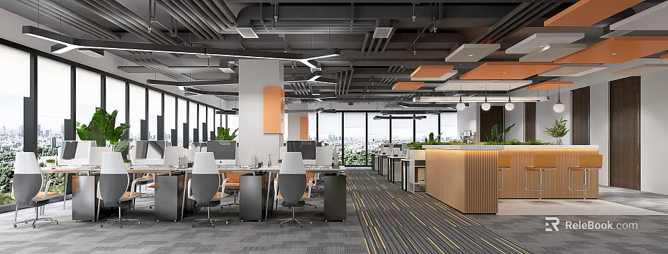 Bright Public Office Space Featuring Open Layout Desks Large Windows Exposed Ceiling And City View 3d model 