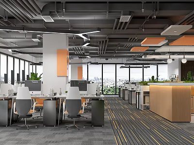 Bright Public Office Space Featuring Open Layout Desks Large Windows Exposed Ceiling And City View 3d model