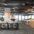 Bright Public Office Space Featuring Open Layout Desks Large Windows Exposed Ceiling And City View 3d model