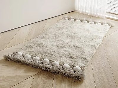Light Beige Square Rug With Pom Poms On Wooden Floor 3d model