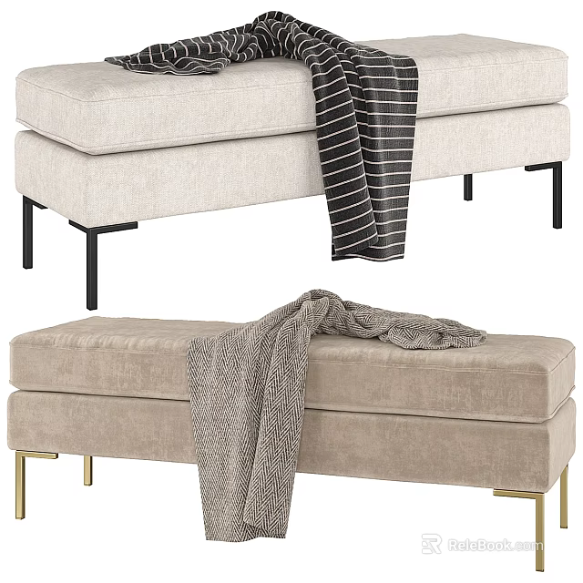 Modern Light Beige And Brown Ottoman Bench With Black Gold Legs Adorned With Cozy Blankets 3d model 