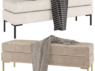Modern Light Beige And Brown Ottoman Bench With Black Gold Legs Adorned With Cozy Blankets 3d model