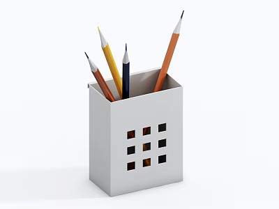 Stylish White Pen Holder With Colored Pencils And Square Cutout Details 3d model