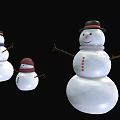 Three Snowmen Figurines With Different Sizes Black Red Hats And Blue Scarf On Black Background