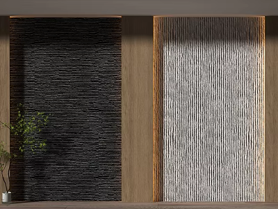 Modern Dark and Light Striped Background Wall Design with Wooden Frame and Green Plant 3d model