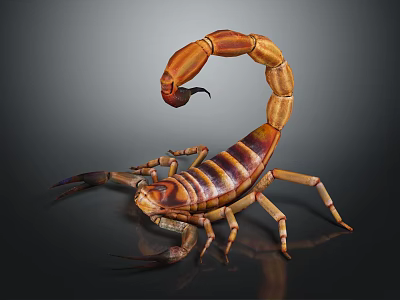 Close Up View Of Striped Scorpion With Curled Tail And Shiny Exoskeleton On Dark Background 3d model