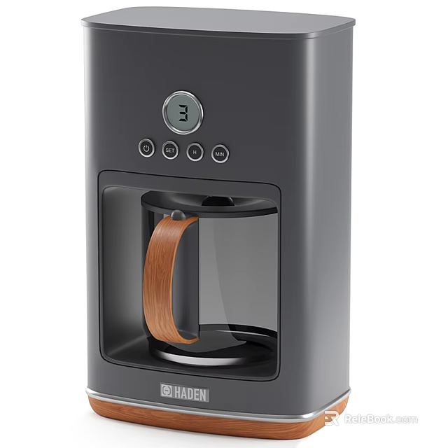 Modern Grey Coffee Maker With Digital Control Panel And Glass Carafe Wooden Handle 3d model 