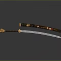 Traditional Samurai Sword Weapon With Curved Steel Blade Wooden Handle And Gold Decorative Accents