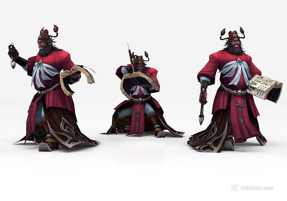 Horned Fantasy Characters In Red Traditional Robes Holding Scrolls And Weapons With Various Poses 3d model 