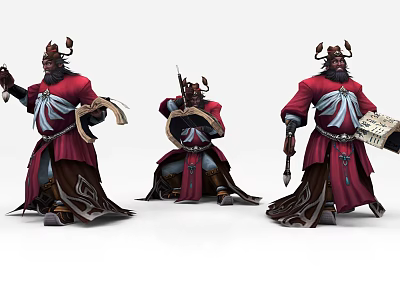 Horned Fantasy Characters In Red Traditional Robes Holding Scrolls And Weapons With Various Poses 3d model