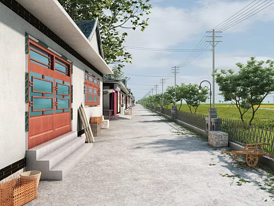 Rural Road Facilities Featuring Traditional Houses Red Doors Blue Window Lattices Trees And Utility Poles 3d model