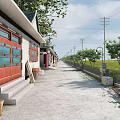 Rural Road Facilities Featuring Traditional Houses Red Doors Blue Window Lattices Trees And Utility Poles