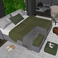 Double Bed With Green Bedding Gray Pillows And Green Plant Wall In Modern Bedroom