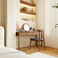 Wooden Dressing Table with Mirror Cosmetics Vase Plant and Chair in Bedroom Setting