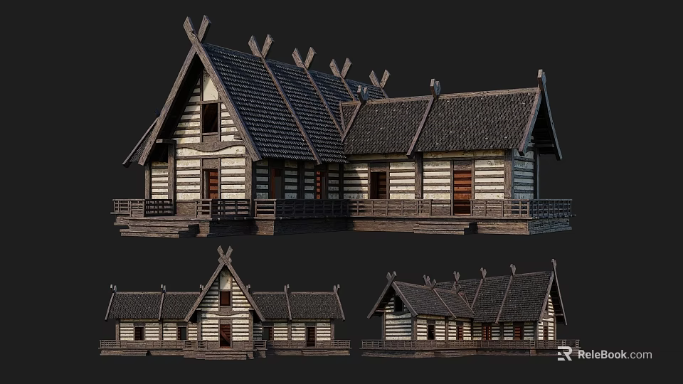 Ancient Traditional Building With Wooden Structure Classic Roof And Wooden Doors Windows 3d model 