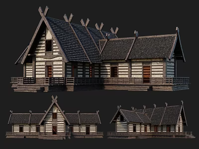 Ancient Traditional Building With Wooden Structure Classic Roof And Wooden Doors Windows 3d model