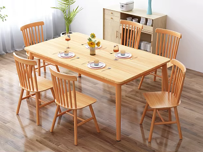 Wooden Dining Table Set with Six Chairs Tableware and Flower Arrangement 3d model