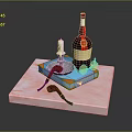 Decorative Tray Setup With Red Cap Bottle Candle Brown Pipes And Colorful Books