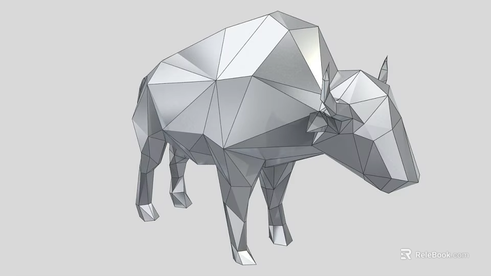 Low Poly Buffalo Sculpture With Geometric Shapes And Silver Metal Design 3d model 