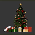 Festive Christmas Tree With Star Top Red Ribbons And Colorful Gift Boxes