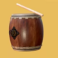 Brown Wooden Musical Instrument Drum with Decorative Metal Parts and Drumstick on Yellow Background