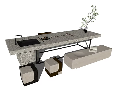 Modern Minimalist Tea Table and Chairs with Stone Countertop and Plant Vase 3d model