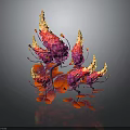 Vibrant Purple And Orange Plant With Golden Stamens And Branching Leaves On Dark Background