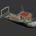 Weathered Wooden Boat With Red Roof Wooden Seats And Railing On Dark Background