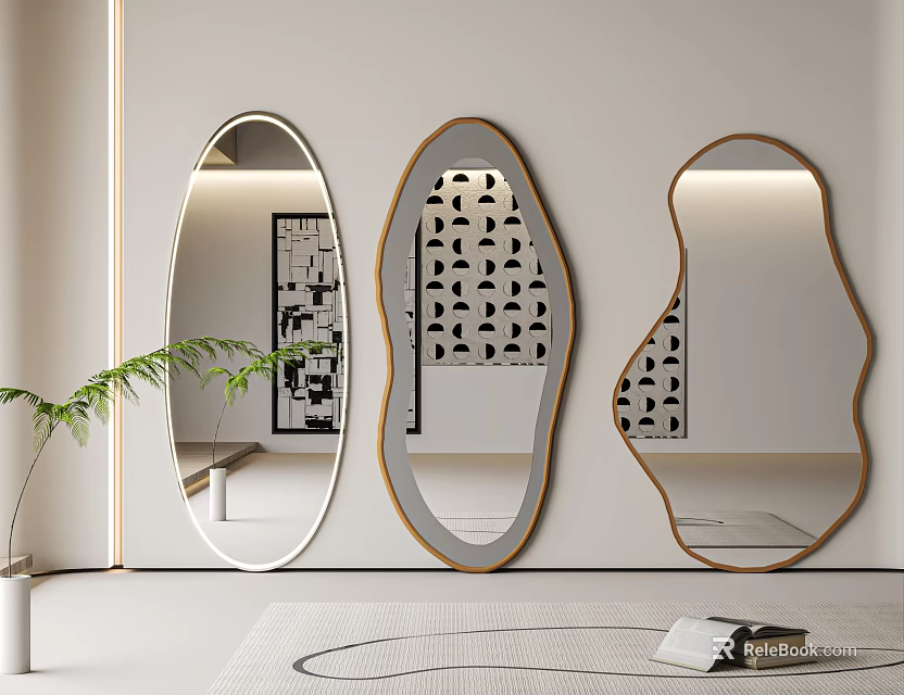 Modern Decorative Mirrors In Various Shapes For Living Room Interior With Green Plant And Book 3d model 
