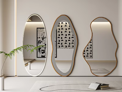 Modern Decorative Mirrors In Various Shapes For Living Room Interior With Green Plant And Book 3d model