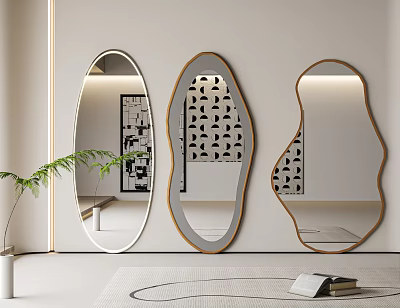 Modern Decorative Mirrors In Various Shapes For Living Room Interior With Green Plant And Book 3d model