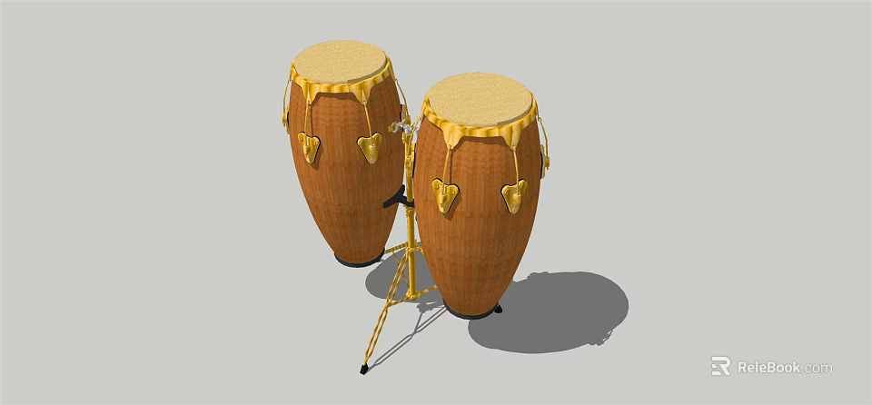 Wooden Bongo Drums with Golden Drumheads and Decorative Heart Patterns on Golden Stand 3d model 