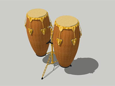 Wooden Bongo Drums with Golden Drumheads and Decorative Heart Patterns on Golden Stand 3d model