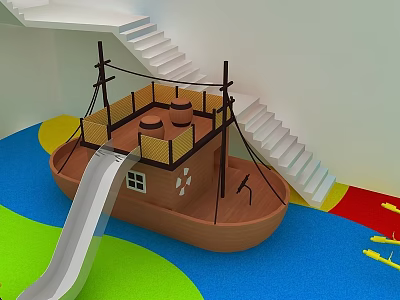 Indoor Children's Play Space With Boat Shaped Structure Slide And Colorful Floor 3d model