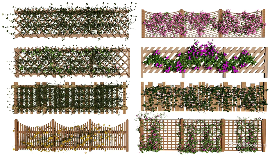 Wooden Railings with Lattice Design Adorned with Climbing Vines and Various Colored Flowers for Natural Beauty 3d model 