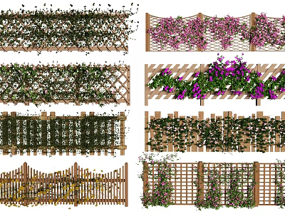 Wooden Railings with Lattice Design Adorned with Climbing Vines and Various Colored Flowers for Natural Beauty 3d model
