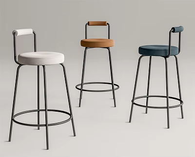 Modern Three Bar Stools With Metal Frame And White Orange Blue Seat Cushions 3d model