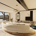 Modern Living And Dining Room Interior With Curved Sofa Round Rug And Bookshelves