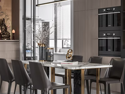 Stylish Restaurant Dining Area With Marble Table Black Leather Chairs And Modern Decor 3d model