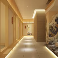 Traditional Japanese Style Restaurant Entrance With Stone Wall Wooden Tables Red Maple Decor And Lanterns