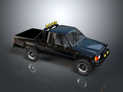 Black Pickup Truck With Roof Light Bar Yellow Lights And Large Wheels 3d model