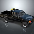 Black Pickup Truck With Roof Light Bar Yellow Lights And Large Wheels