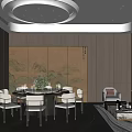 Elegant Modern Private Room With Landscape Painting Screen Dining Table Chairs Sofa And Coffee Table 3d model