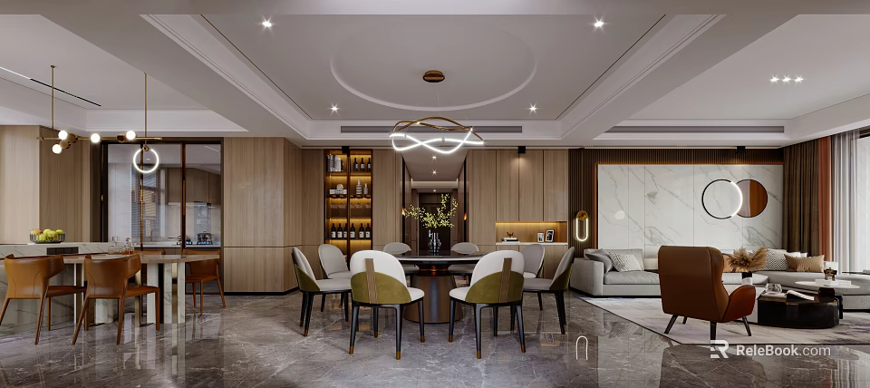 Modern Dining and Living Room Interior With Wooden Walls Marble Floor Sofa And Chandelier 3d model 