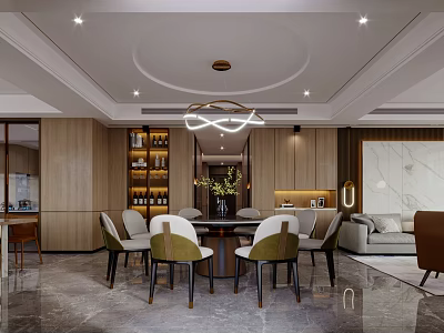Modern Dining and Living Room Interior With Wooden Walls Marble Floor Sofa And Chandelier 3d model