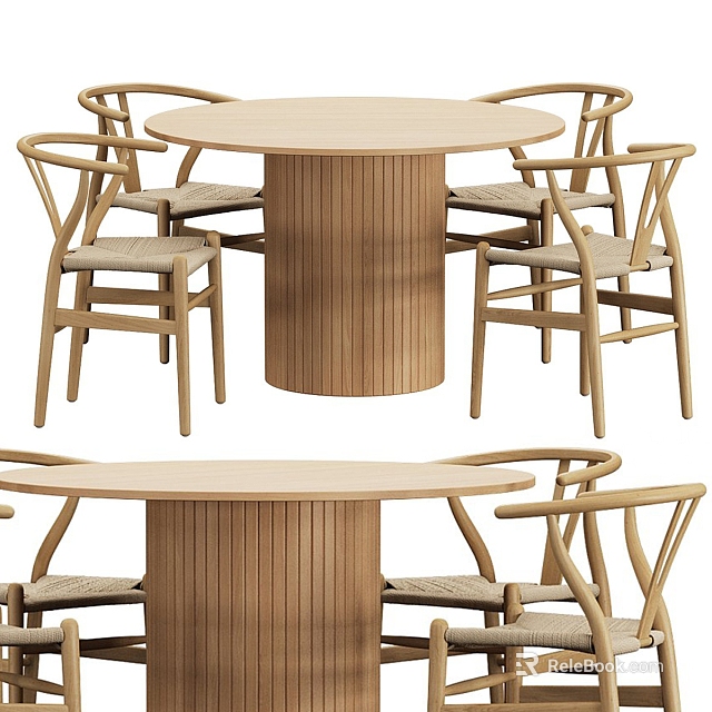Wooden Round Dining Table Set With Fluted Pedestal And Rattan Seat Chairs 3d model 