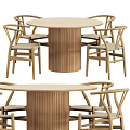 Wooden Round Dining Table Set With Fluted Pedestal And Rattan Seat Chairs