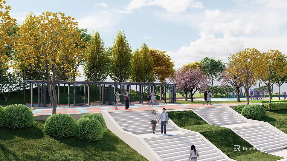 Scenic Park Landscape with Colorful Trees Green Grass Steps and People Walking Under Blue Sky 3d model 